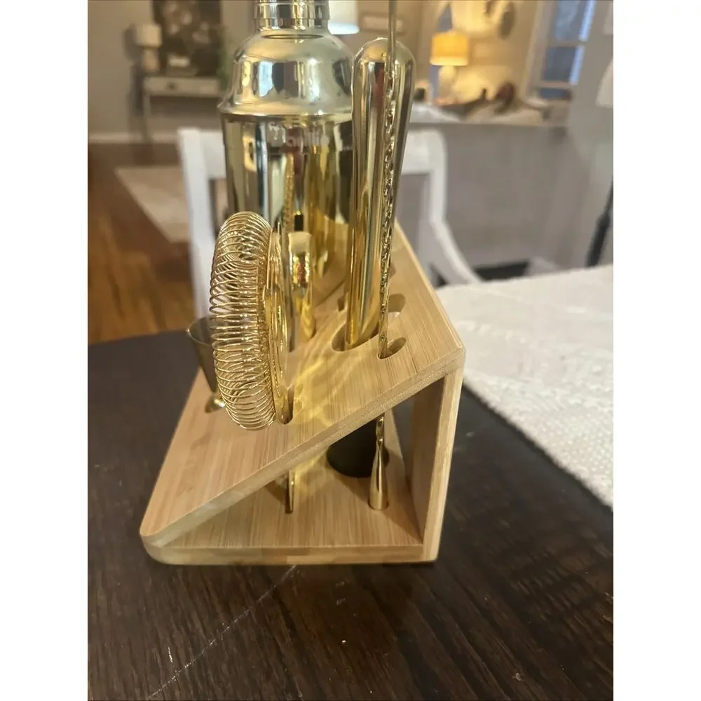 Gold Bartender Kit - Stainless-Steel Cocktail Shaker Set w/Bamboo Stand - Mix...
